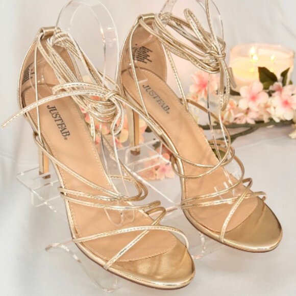 Light Gold, Heeled, Gladiator, Wrap Sandals, Size 9 - Picture 2 of 10